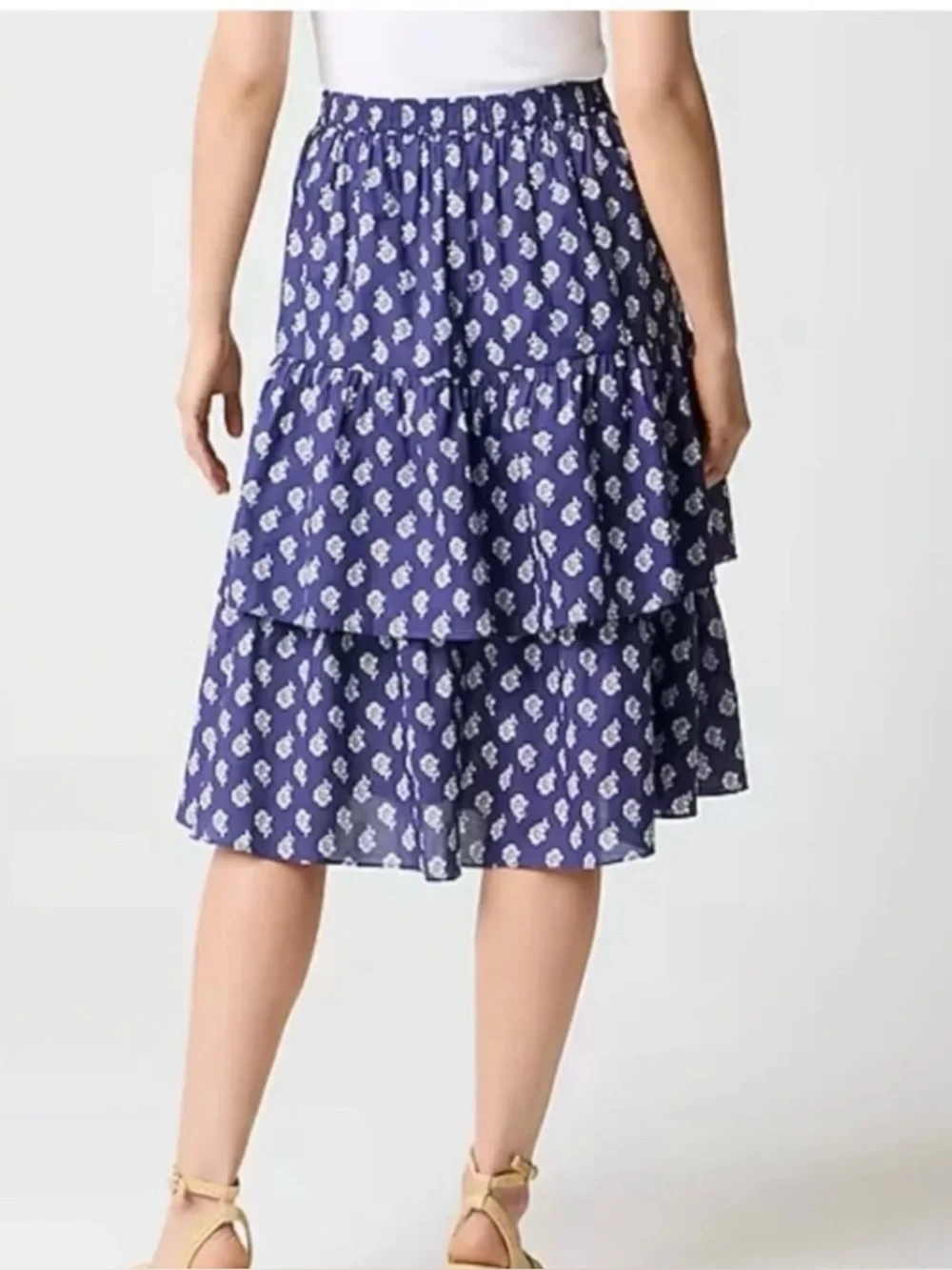 J‎ Crew Womens Tiered Cotton Poplin Skirt Petite Small Blue Patterned Stretch #